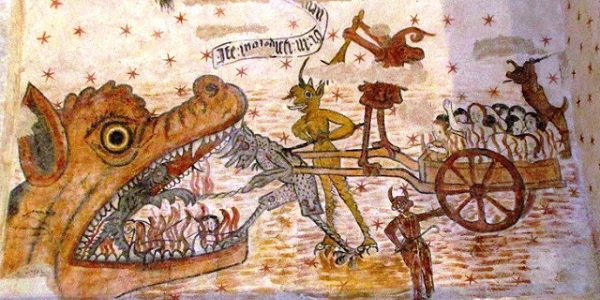 Medieval mural: Hell in a handcart