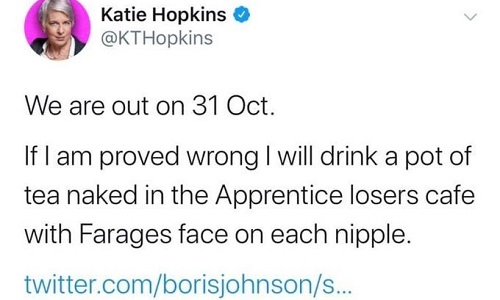 Katie Hopkins' promise about what she will do if the UK does not leave the EU on 31 October